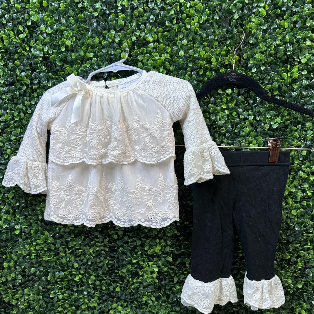 White Lace eyelet Top and Black Pants Set